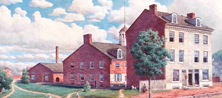 painting of three-story brick building with two smaller buildings behind