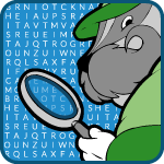 Word Quest kids game icon; cartoon badger holding magnifying glass up to background of letters