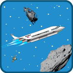 space supply game - cartoon spaceship, asteroid, space debris in the sky