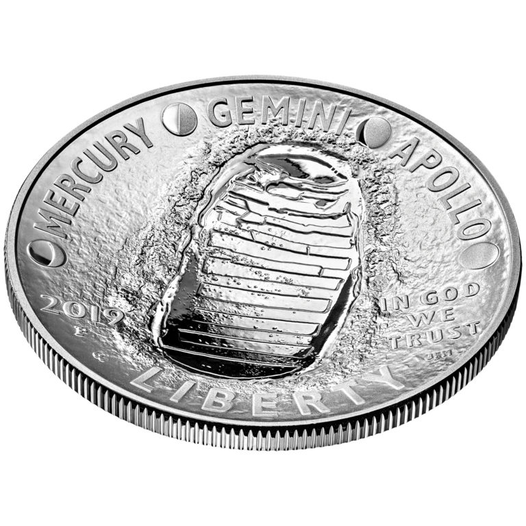 2019 Apollo 11 50th Anniversary Commemorative Silver Proof One Dollar Coin Obverse Angle