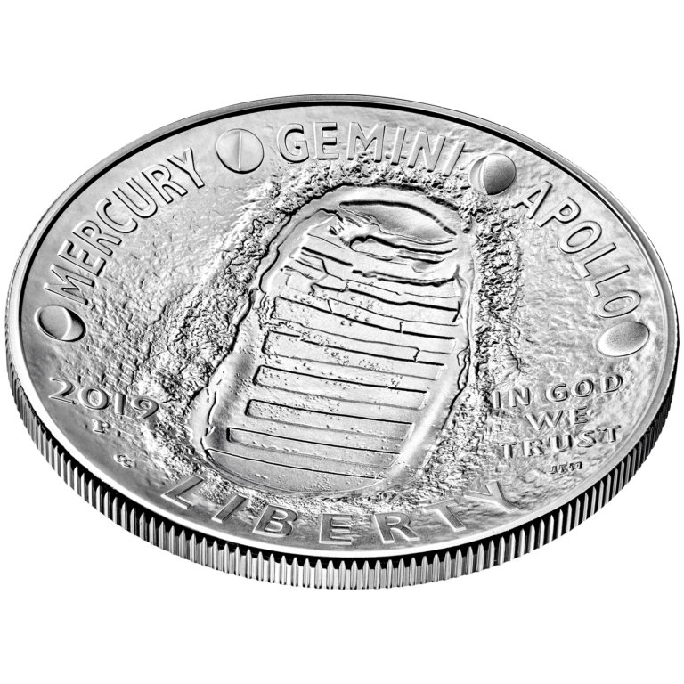 2019 Apollo 11 50th Anniversary Commemorative Silver Uncirculated One Dollar Coin Obverse Angle