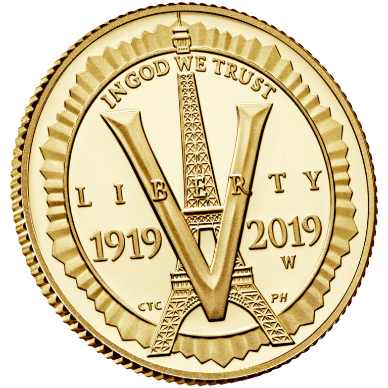 2019 American Legion 100th Anniversary Commemorative Gold Proof Five Dollar Obverse Angle