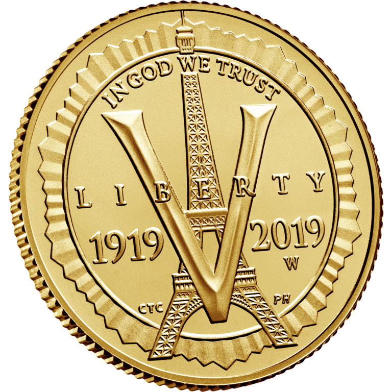 2019 American Legion 100th Anniversary Commemorative Gold Uncirculated Five Dollar Obverse Angle