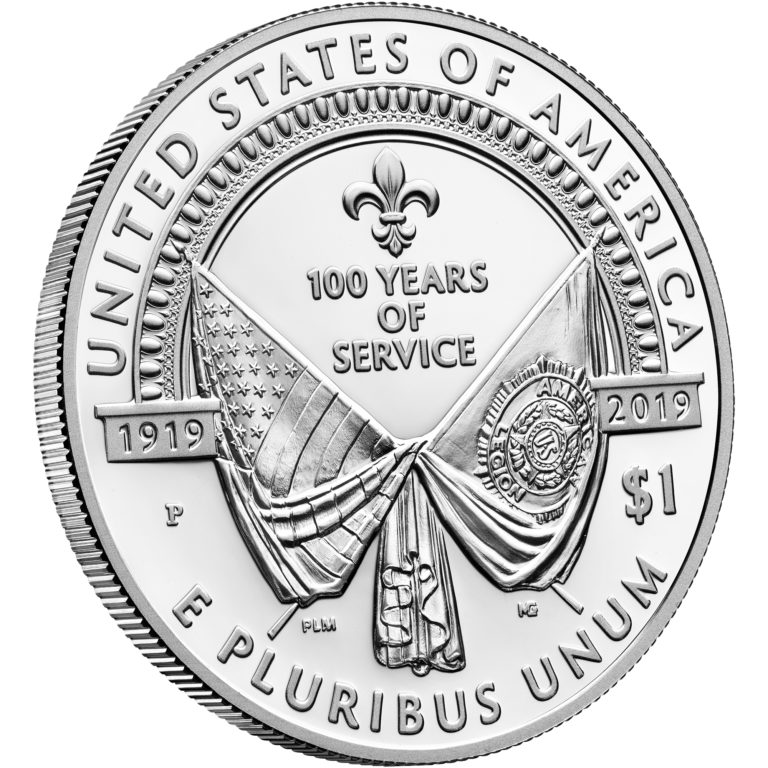 2019 American Legion 100th Anniversary Commemorative Silver Proof One Dollar Reverse Angle