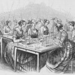 Drawing of women sitting around two tables weighing coins on scales.