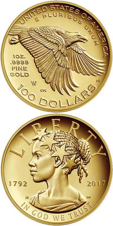 2017 American Liberty 225th Anniversary Gold Coin: This coin celebrates the 225th anniversary of the U.S. Mint and features a modern rendition of Lady Liberty.