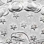 close up of stars and clouds on the draped bust quarter reverse
