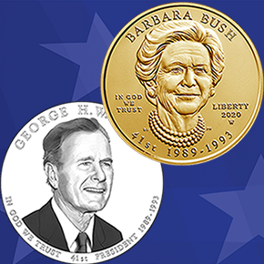 George H.W. Bush Presidential $1 Coin and Barbara Bush First Spouse Gold Coin obverses