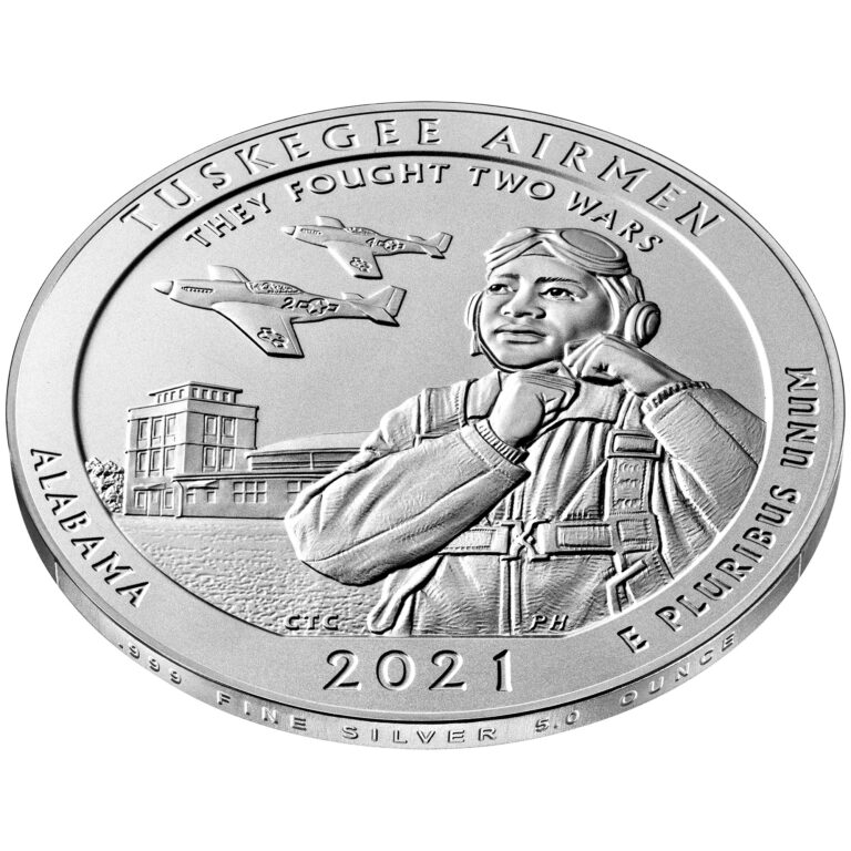 2021 America the Beautiful Quarters Five Ounce Silver Uncirculated Coin Tuskegee Airmen Alabama Reverse Angle