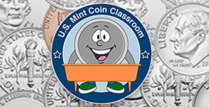 U.S. Mint Coin Classroom logo in front of collage of coins