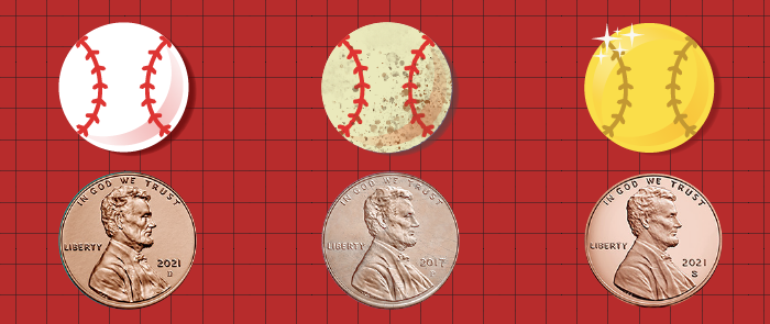 uncirculated, circulating, proof pennies next to new, used, and gold baseballs
