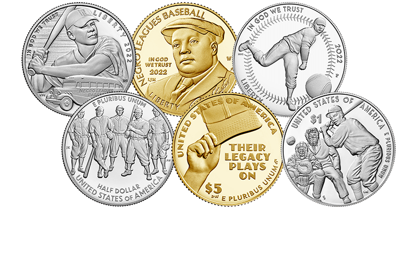 Negro Leagues Baseball clad, gold, and silver coins