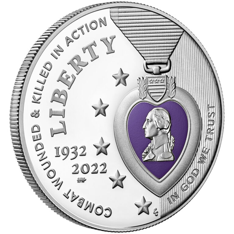 2022 National Purple Heart Hall of Honor Commemorative Silver Coin Proof Colorized Obverse Angle