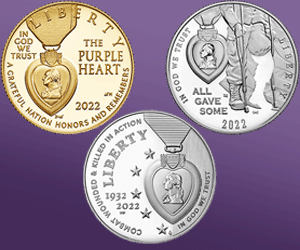 National Purple Heart Hall of Honor gold, silver, clad obverses