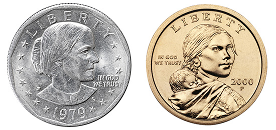1979 Susan B Anthony Dollar and 2000 Sacagawea Golden Dollar obverses