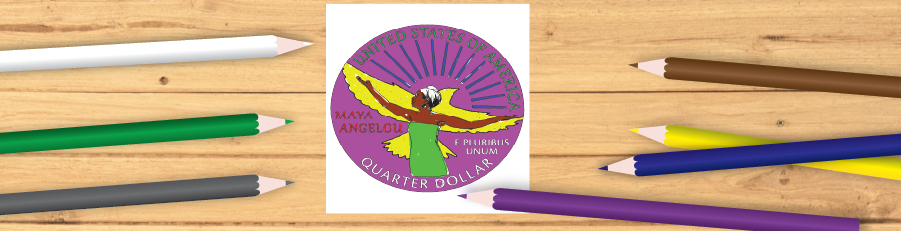 Maya Angelou quarter coloring page and colored pencils on a table