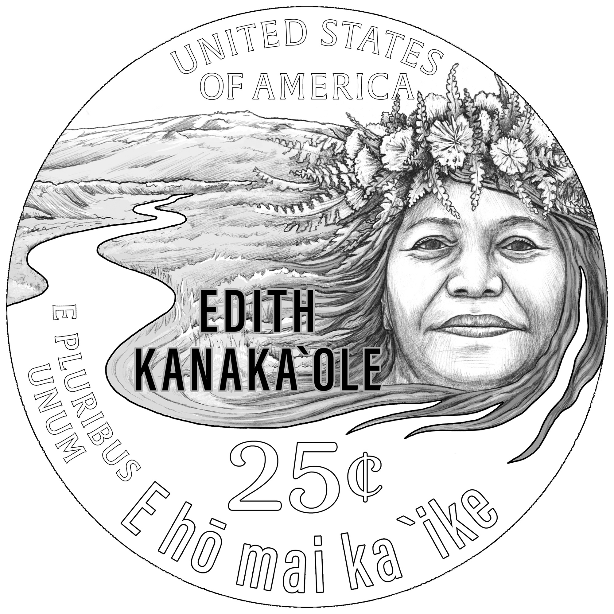2023 American Women Quarters Coin Edith Kanakaʻole Line Art Reverse