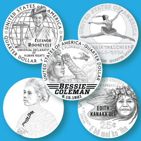 line art of the 2023 American Women Quarters Program coin designs