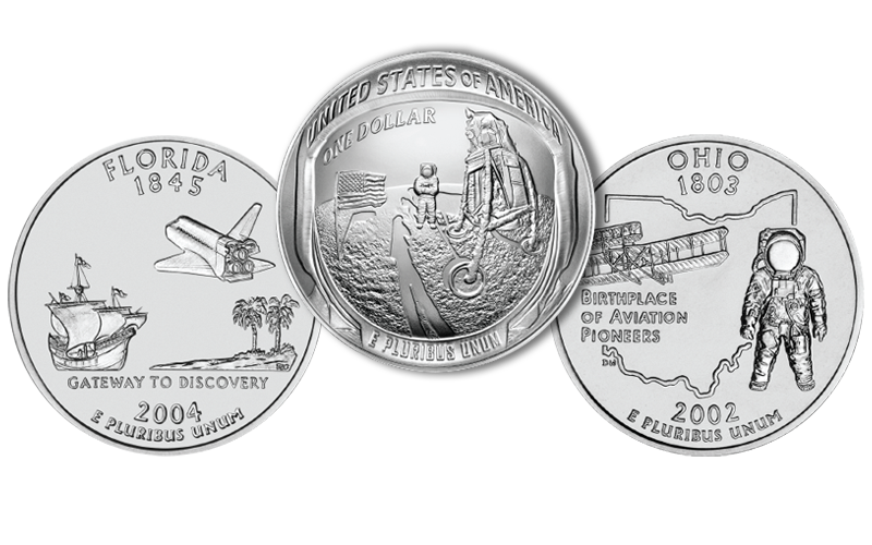 Florida quarter, Apollo 11 50th Anniversary Silver Coin, Ohio quarter