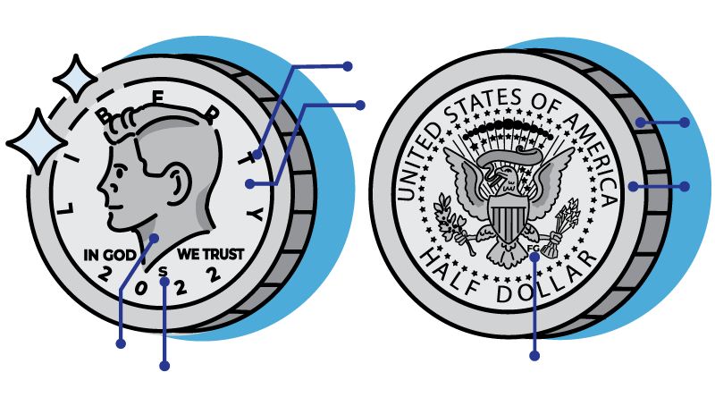 cartoon coin with lines pointing to different elements