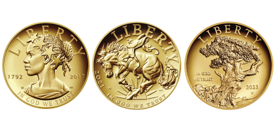 2017, 2021, 2023 American Liberty gold coin obverses
