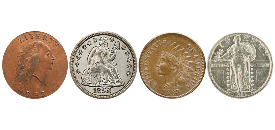 Flowing Hair, Seated Liberty, Indian Head, and Standing Liberty coin obverses