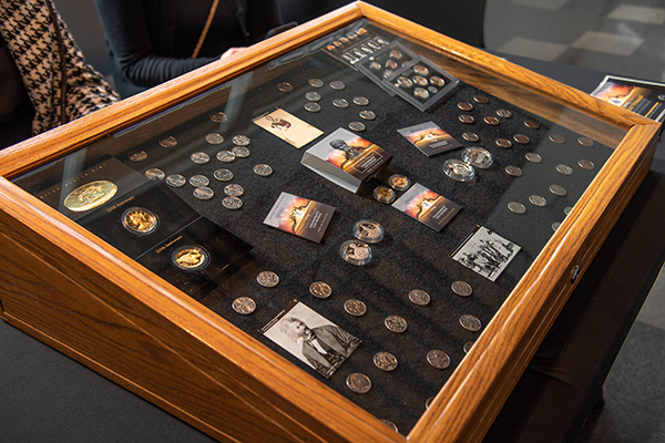 coins in a display case